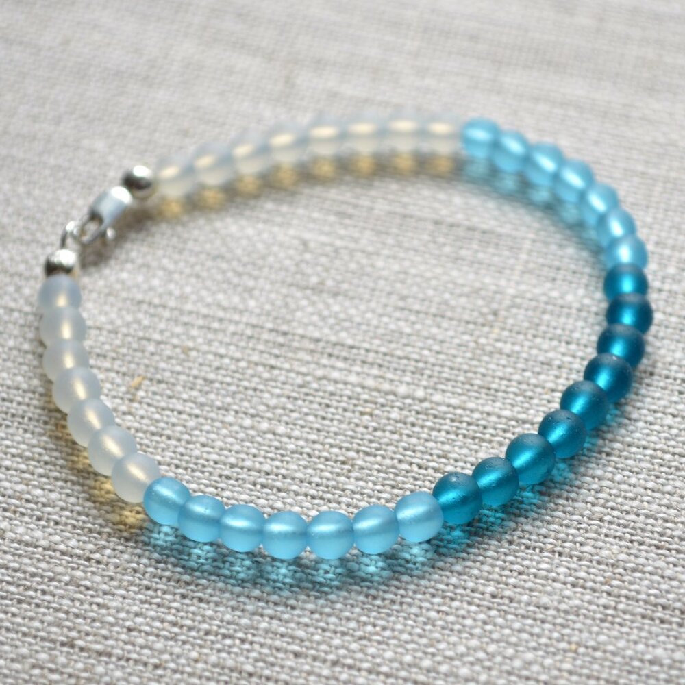 Matte Blue Glass Beaded Bracelet with Sterling Silver Clasp